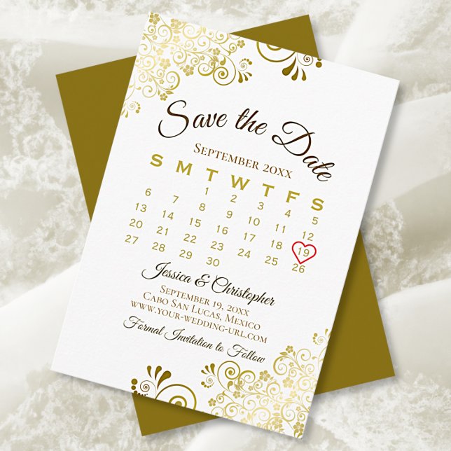 Gold Frills on White Elegant Wedding Calendar Save The Date