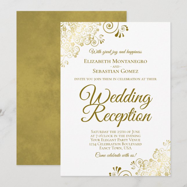 Gold Frills on White Elegant Wedding Reception Invitation (Front/Back)