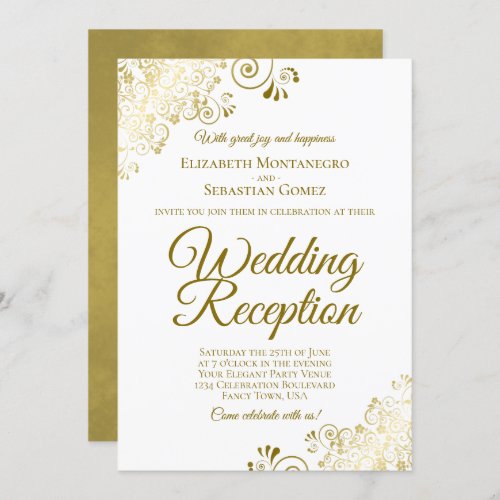 Gold Frills on White Elegant Wedding Reception Invitation