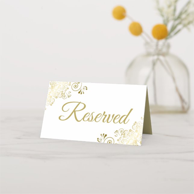Gold Frills on White Elegant Wedding Reserved Place Card (Front)