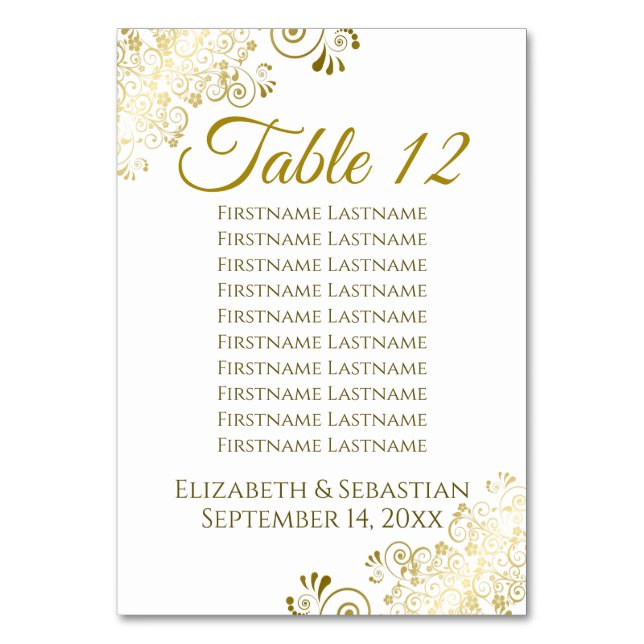 Gold Frills on White Elegant Wedding Seating Chart Table Number (Back)