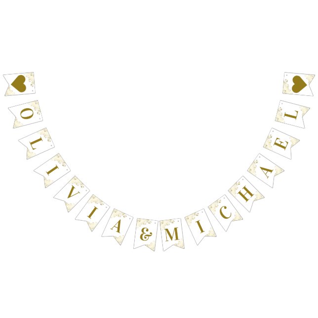 Gold Frills on White Wedding Couple Names Elegant Bunting Flags (All)
