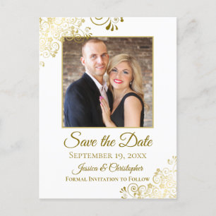 Gold Frills on White Wedding Save the Date Photo Announcement Postcard