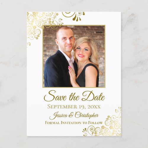 Gold Frills on White Wedding Save the Date Photo Announcement Postcard