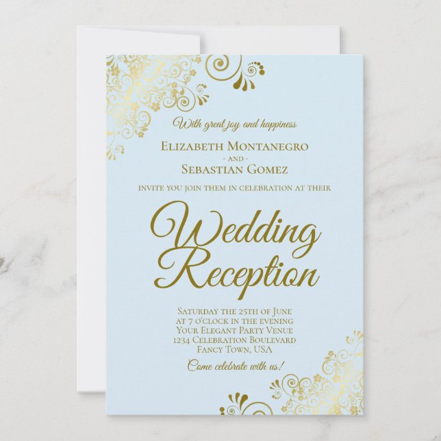Gold Frills & Pale Blue Elegant Wedding Reception Invitation (Front)