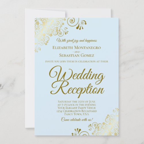 Gold Frills  Pale Blue Elegant Wedding Reception Invitation