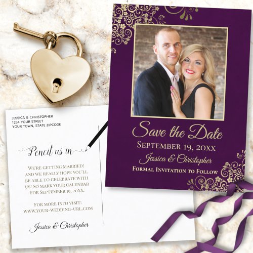 Gold Frills Photo Purple Save the Date Wedding Announcement Postcard