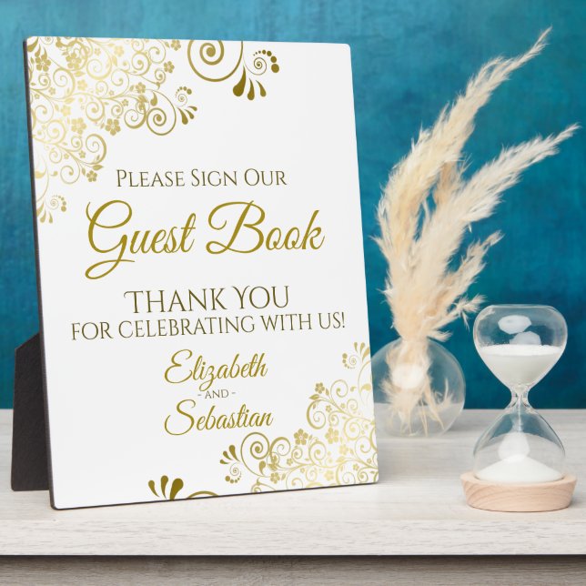 Gold Frills Please Sign Our Guest Book Wedding Plaque (Side)