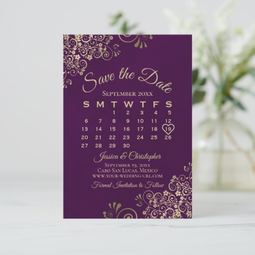 Gold Frills Plum Purple Elegant Wedding Calendar Save The Date