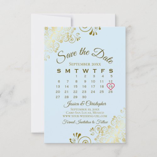 Gold Frills Powder Blue Chic Wedding Calendar Save The Date