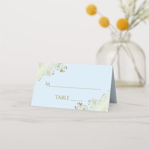 Gold Frills Powder Blue Elegant Wedding Write_In Place Card