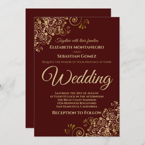 Gold Frills Simple Auburn Brown Wedding Invitation