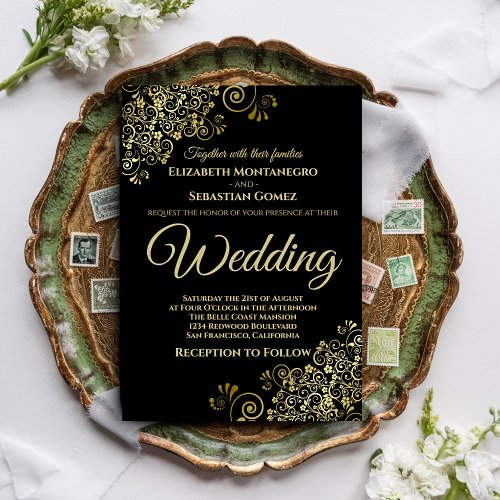 Gold Frills Simple Chic Black Wedding Invitation