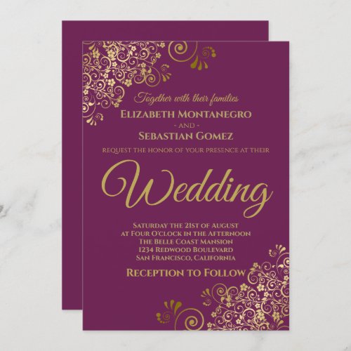 Gold Frills Simple Chic Cassis Purple Wedding Invitation