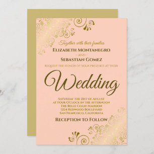 Gold Frills Simple Chic Coral Peach Orange Wedding Invitation