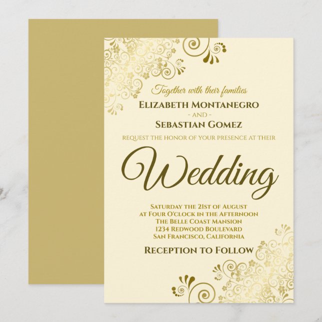 Gold Frills Simple Chic Cream Wedding Invitation (Front/Back)