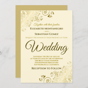 Gold Frills Simple Chic Cream Wedding Invitation