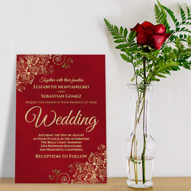 Gold Frills Simple Chic Elegant Red Wedding Invitation | Zazzle