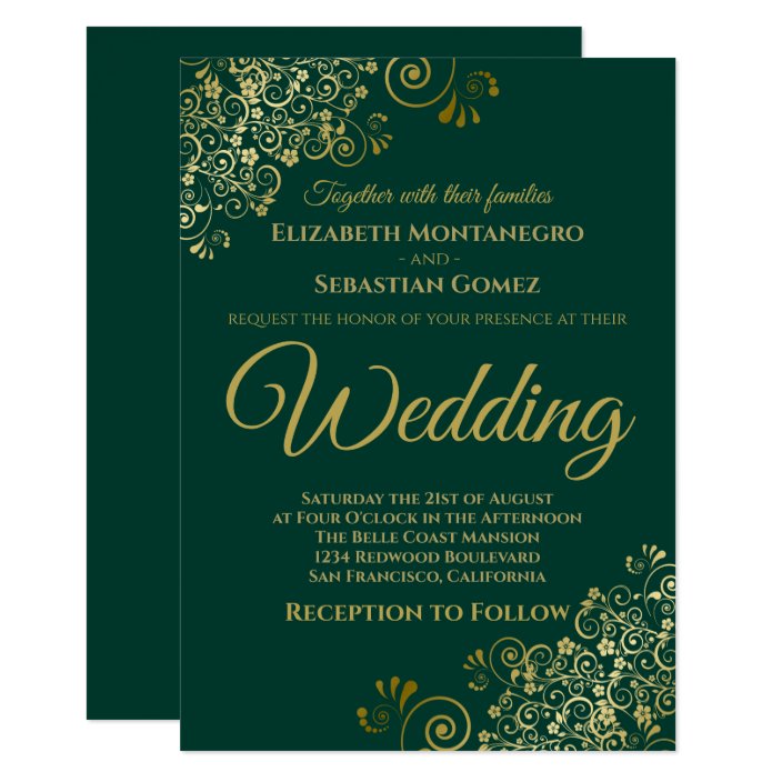 Gold Frills Simple Chic Emerald Green Wedding Invitation