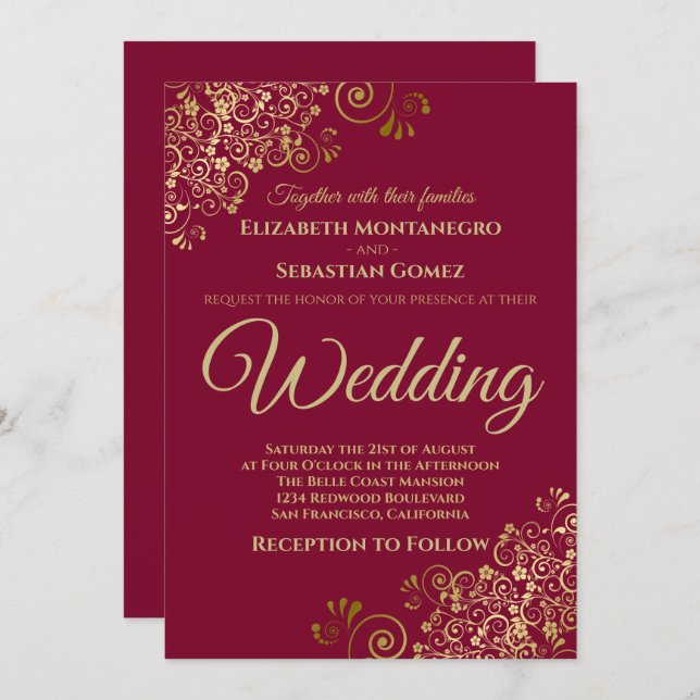 Gold Frills Simple Chic Maroon Burgundy Wedding Invitation (Front/Back)
