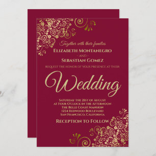Gold Frills Simple Chic Maroon Burgundy Wedding Invitation