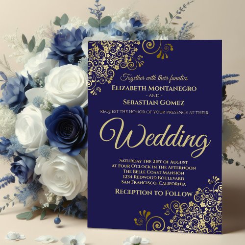 Gold Frills Simple Chic Navy Blue Wedding Invitation