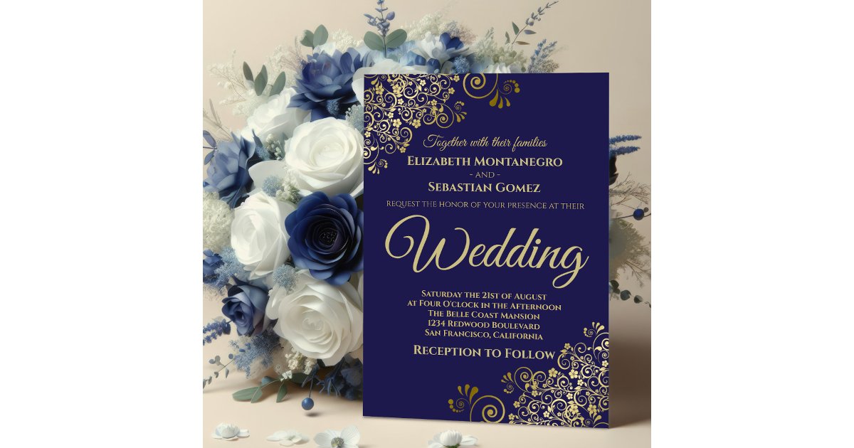Gold Frills Simple Chic Navy Blue Wedding Invitation | Zazzle