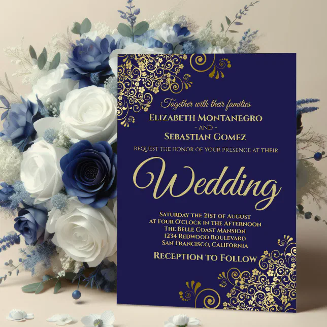 Gold Frills Simple Chic Navy Blue Wedding Invitation | Zazzle