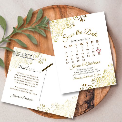 Gold Frills White Wedding Save the Date Calendar Announcement Postcard