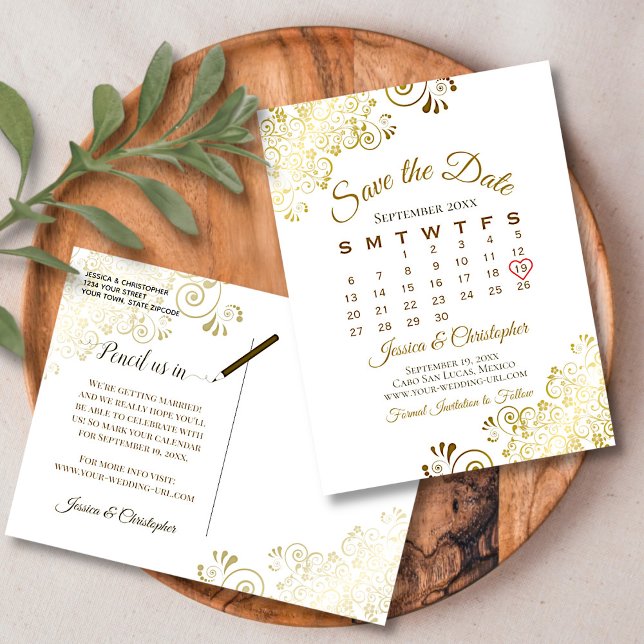 Gold Frills White Wedding Save the Date Calendar Announcement Postcard (Front and Back)