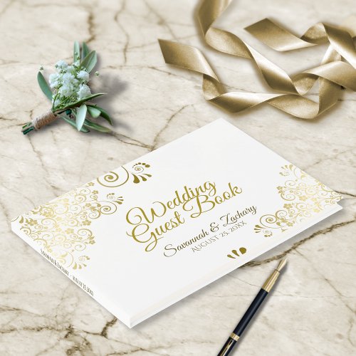 Gold Frilly Filigree Elegant Wedding Guest Book