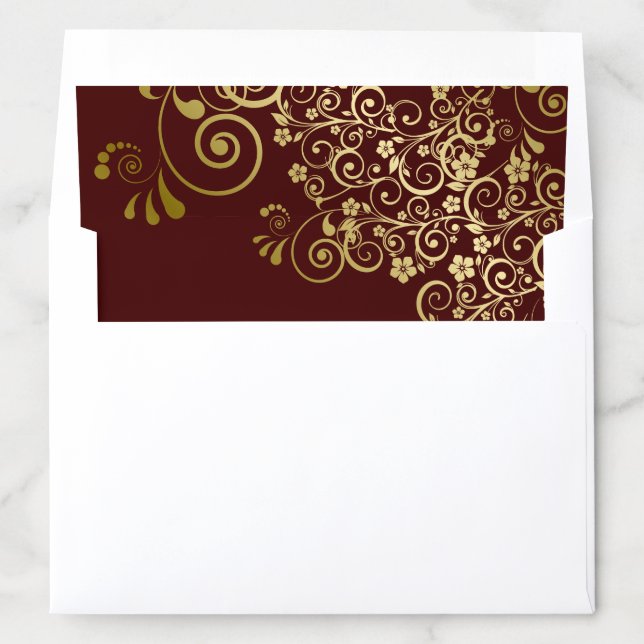 Gold Frilly Filigree on Auburn Brown Wedding Envelope Liner (In Envelope)