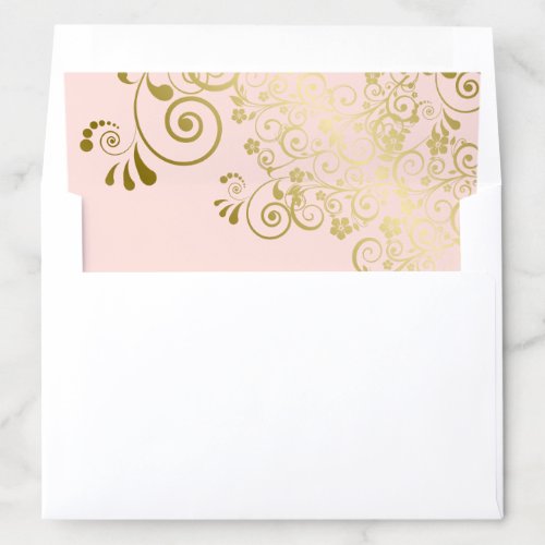 Gold Frilly Floral Filigree Blush Pink Wedding Envelope Liner