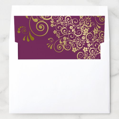 Gold Frilly Floral Filigree Cassis Purple Wedding Envelope Liner