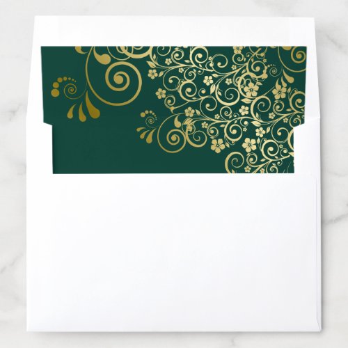 Gold Frilly Floral Filigree Emerald Green Wedding Envelope Liner