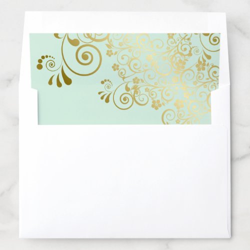 Gold Frilly Floral Filigree Neo Mint Green Wedding Envelope Liner