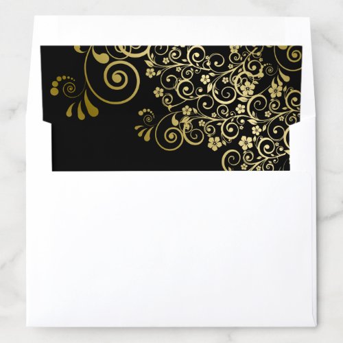 Gold Frilly Floral Filigree on Black Wedding Envelope Liner