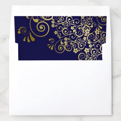 Gold Frilly Floral Filigree on Navy Blue Wedding Envelope Liner