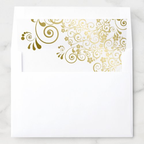 Gold Frilly Floral Filigree on White Wedding Envelope Liner