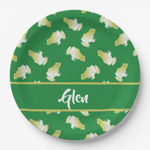 Gold frogs on green paper plates