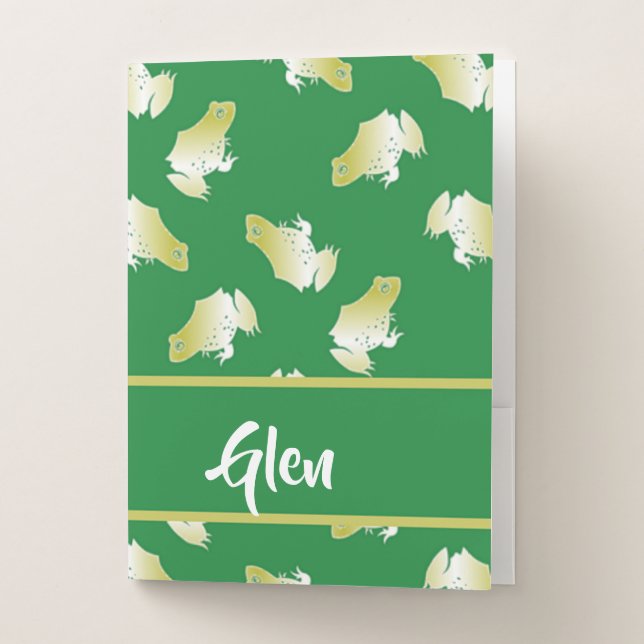 Gold frogs on green pocket folder (Front)