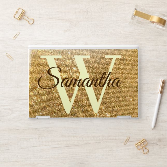 Gold Frost Glitter Monogrammed HP Laptop Skin (Desk)