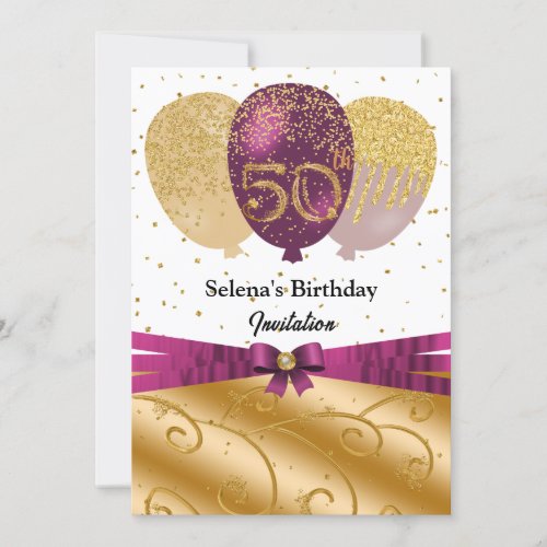 Gold Fuchsia Balloons  Silk Ribbon 50th Birthday Invitation