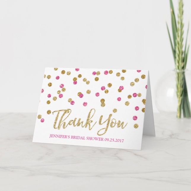 Gold Fuchsia Pink Confetti Bridal Shower Thank You (Front)