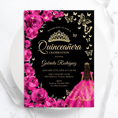 Gold Fuchsia Pink Roses Butterflies Quinceanera Invitation