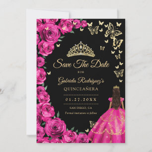 Gold Fuchsia Pink Roses Butterflies Quinceanera Save The Date