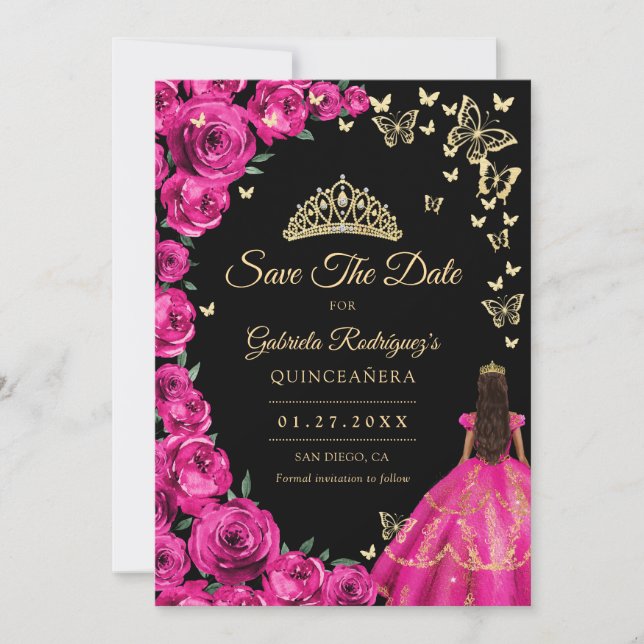 Gold Fuchsia Pink Roses Butterflies Quinceanera Save The Date (Front)