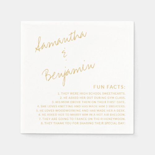 Gold Fun Facts About Bride and Groom Wedding Napkins
