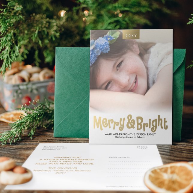 Gold Fun Merry and Bright Photo Modern Postcard (Creator Uploaded)