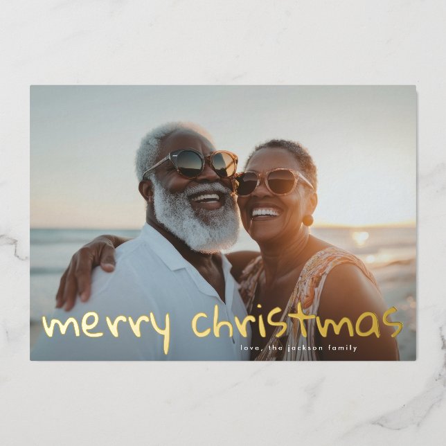 Gold Fun Merry Christmas Family Photo  Foil Holiday Card (Front)